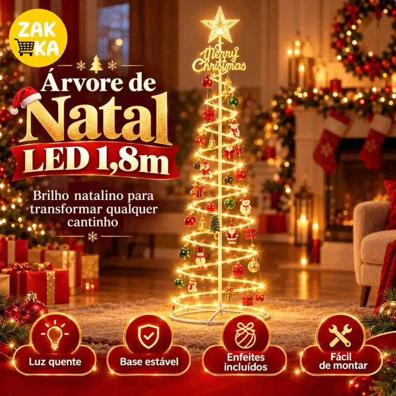 Árvore de Natal LED Espiral 1,80m com Estrela e Enfeites