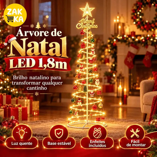 Árvore de Natal LED Espiral 1,80m com Estrela e Enfeites