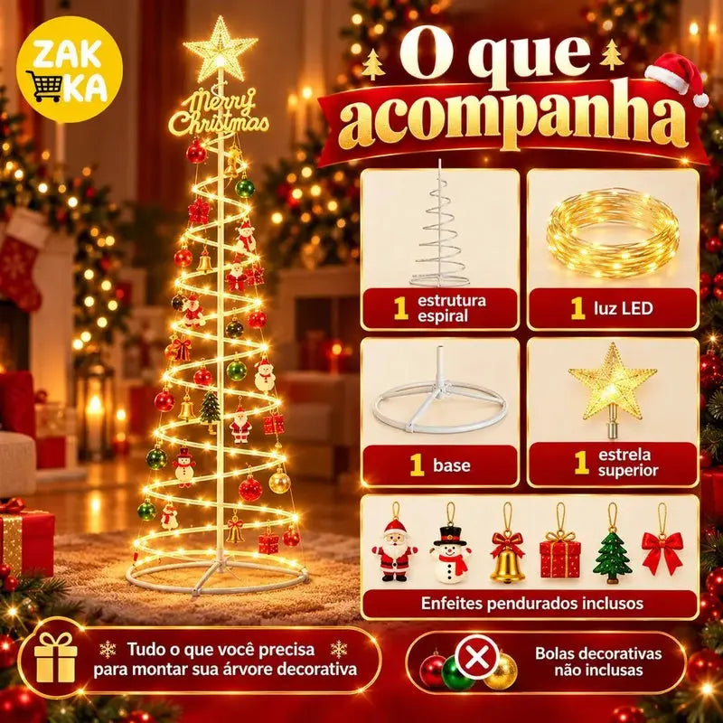Árvore de Natal LED Espiral 1,80m com Estrela e Enfeites