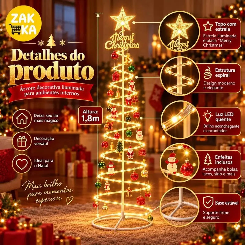 Árvore de Natal LED Espiral 1,80m com Estrela e Enfeites
