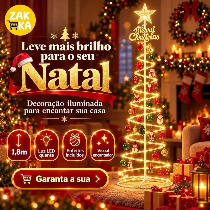 Árvore de Natal LED Espiral 1,80m com Estrela e Enfeites