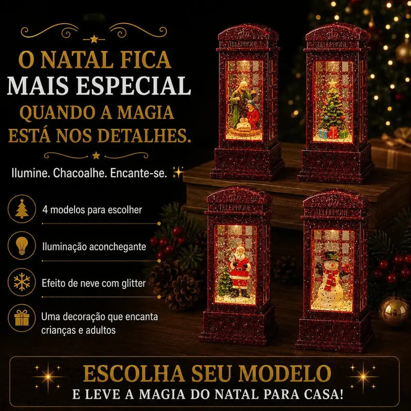 Cabine Telefônica Natalina LED com Água e Efeito Neve Glitter