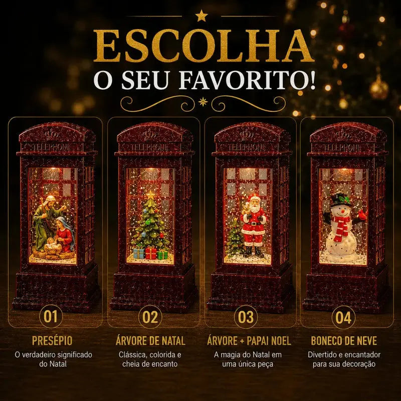 Cabine Telefônica Natalina LED com Água e Efeito Neve Glitter