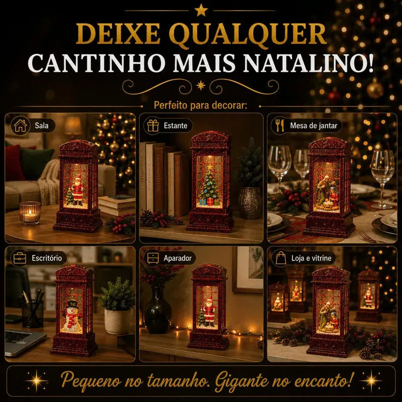 Cabine Telefônica Natalina LED com Água e Efeito Neve Glitter