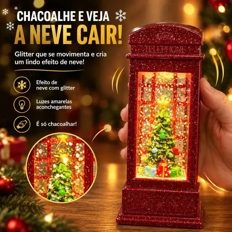Cabine Telefônica Natalina LED com Água e Efeito Neve Glitter
