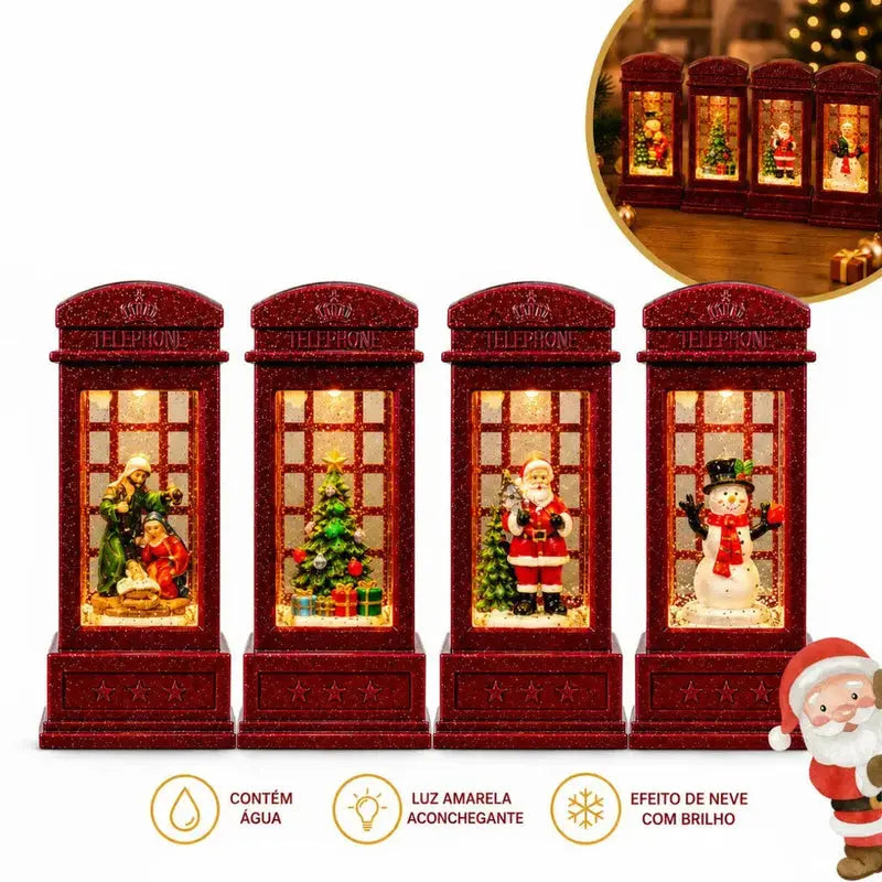 Cabine Telefônica Natalina LED com Água e Efeito Neve Glitter