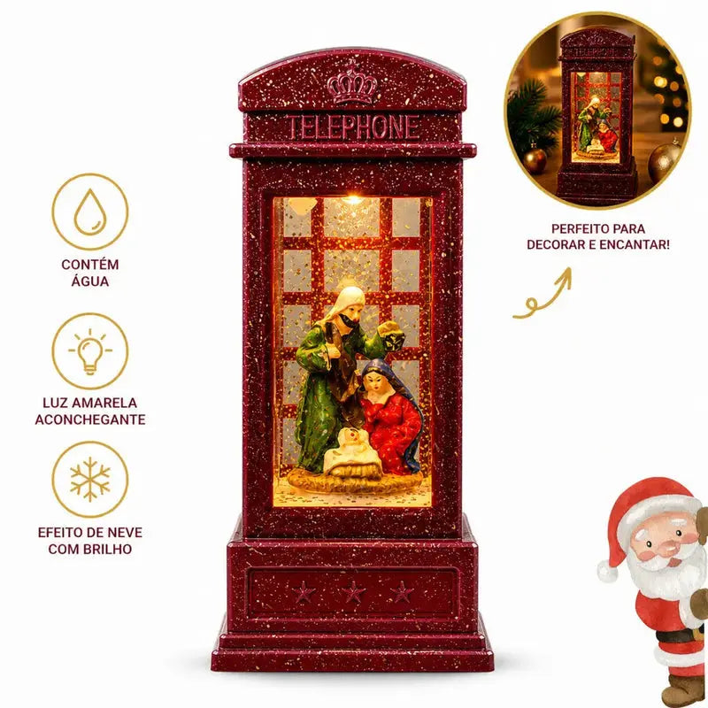 Cabine Telefônica Natalina LED com Água e Efeito Neve Glitter