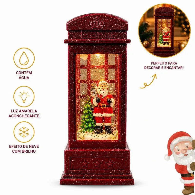 Cabine Telefônica Natalina LED com Água e Efeito Neve Glitter