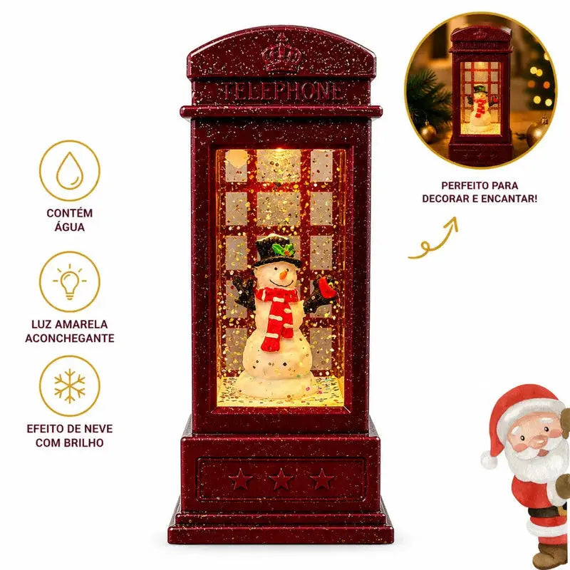 Cabine Telefônica Natalina LED com Água e Efeito Neve Glitter