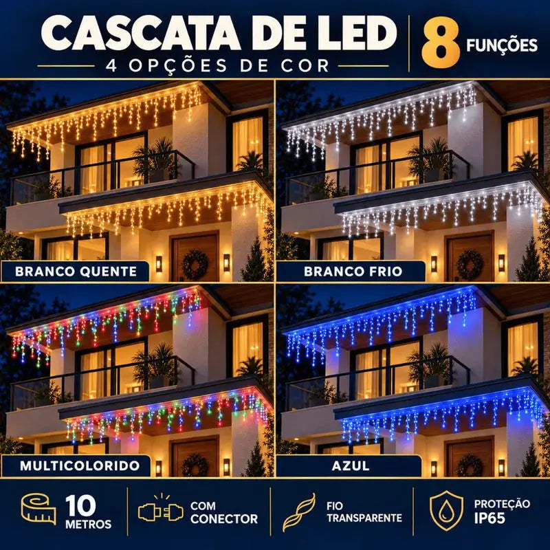 Cascata de LED 10m com 400 LEDs, 8 Funções e Conexão Macho