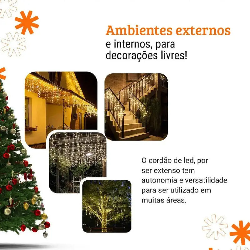 Cascata de LED 10m com 400 LEDs, 8 Funções e Conexão Macho