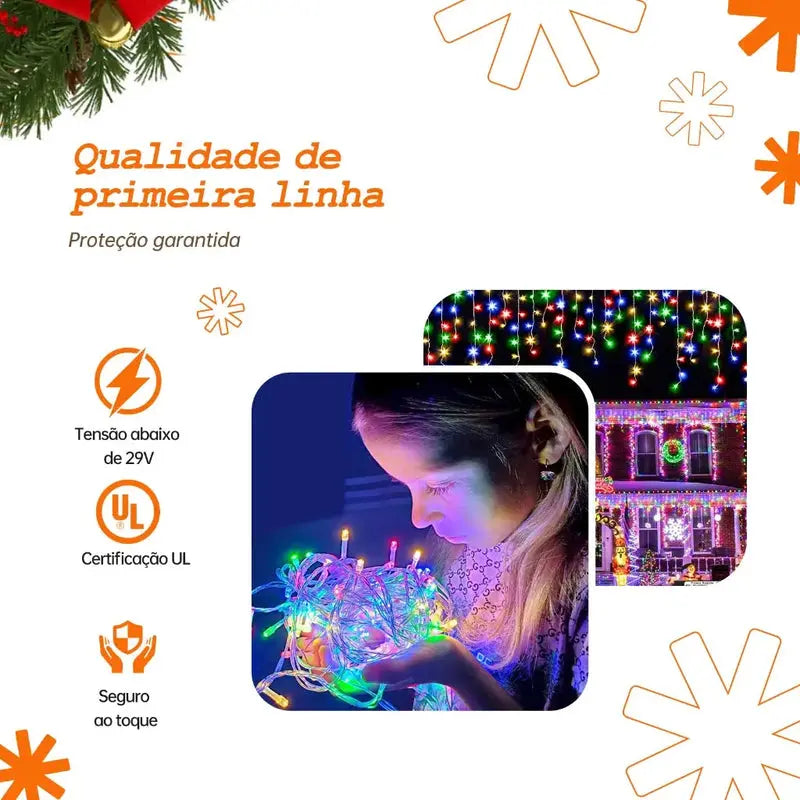 Cascata de LED 10m com 400 LEDs, 8 Funções e Conexão Macho