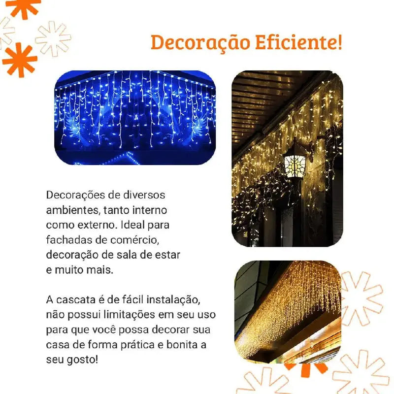 Cascata de LED 10m com 400 LEDs, 8 Funções e Conexão Macho