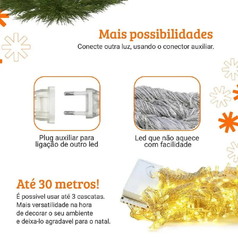 Cascata de LED 10m com 400 LEDs, 8 Funções e Conexão Macho