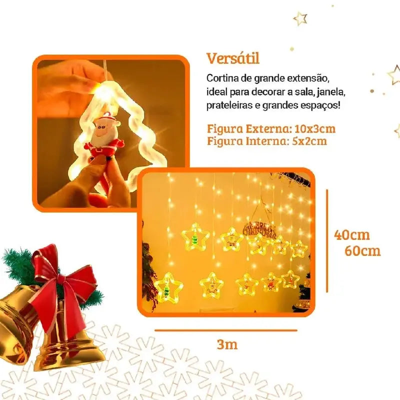 Cortina de Luz Natalina Pisca-Pisca LED Estrela 3m À Prova D'Água