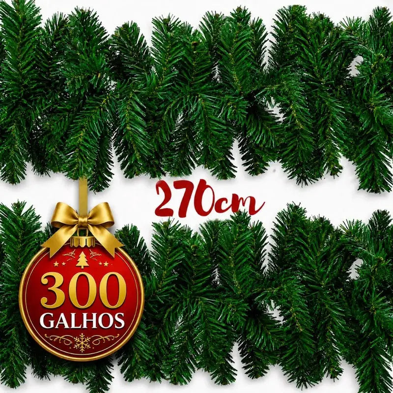 Festão Verde Natal Aramado Grosso Luxo 270cm com 300 Galhos