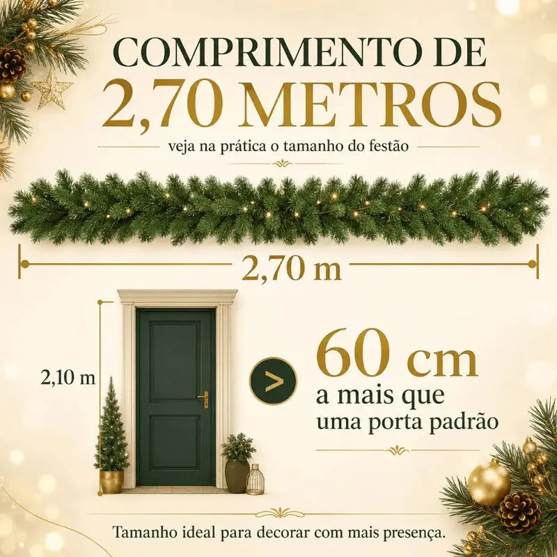 Festão Verde Natal Aramado Grosso Luxo 270cm com 300 Galhos