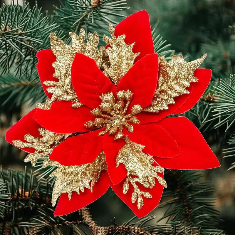 Flores para Árvore de Natal com Glitter 14.5cm Pacote 12 ou 24 Unidades