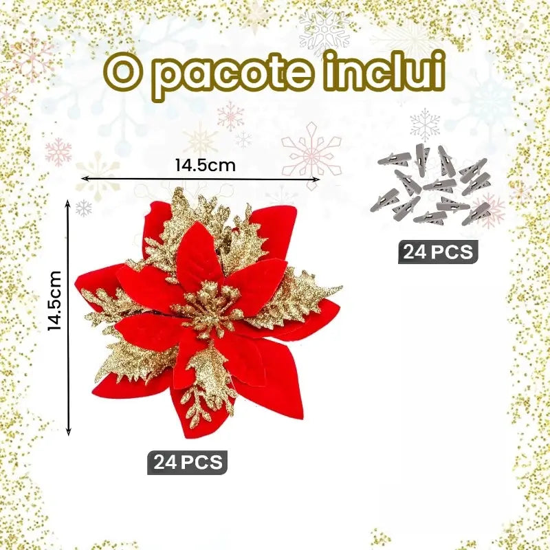 Flores para Árvore de Natal com Glitter 14.5cm Pacote 12 ou 24 Unidades