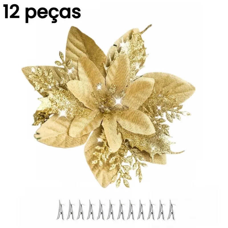Flores para Árvore de Natal com Glitter 14.5cm Pacote 12 ou 24 Unidades
