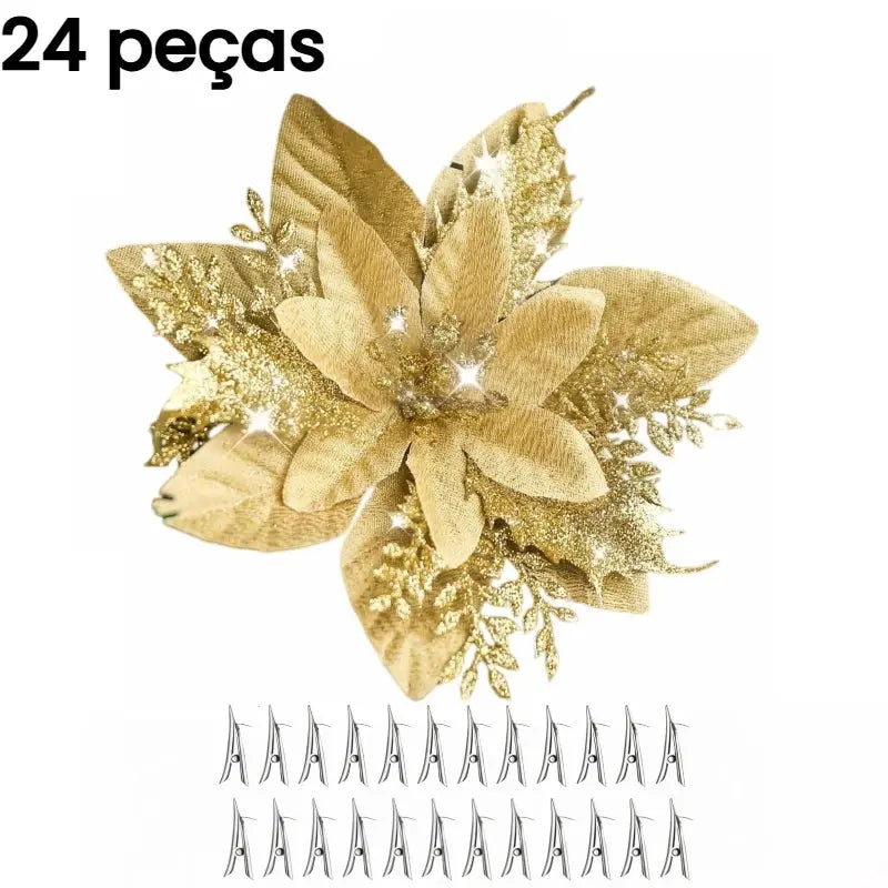 Flores para Árvore de Natal com Glitter 14.5cm Pacote 12 ou 24 Unidades