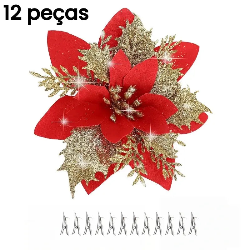 Flores para Árvore de Natal com Glitter 14.5cm Pacote 12 ou 24 Unidades