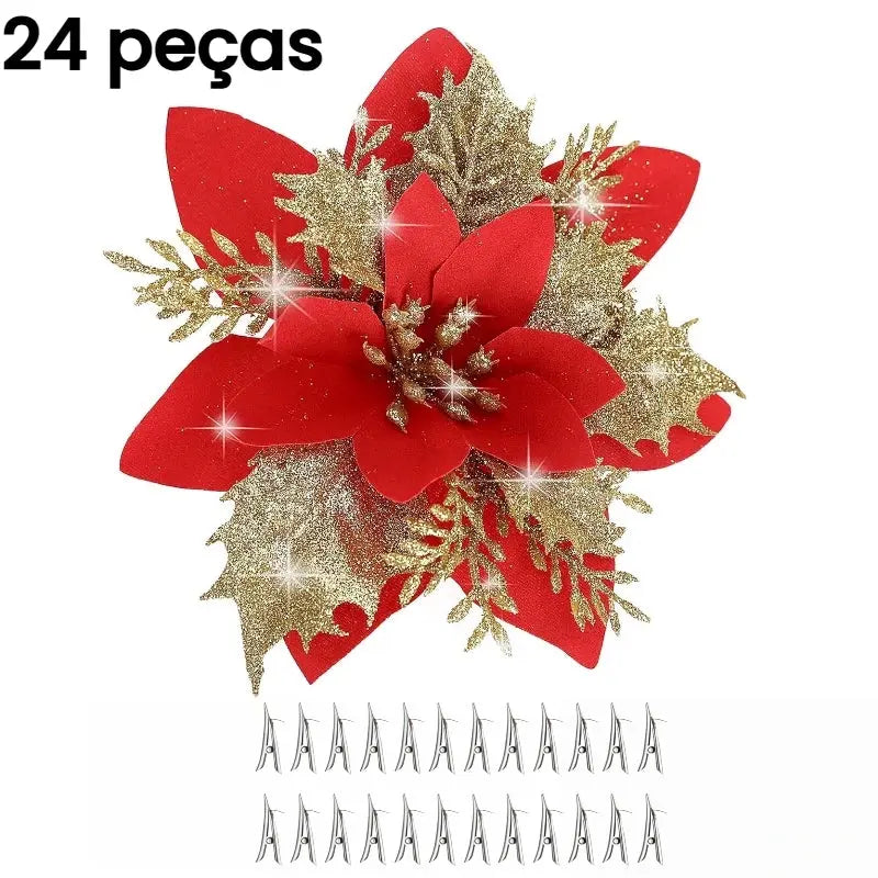 Flores para Árvore de Natal com Glitter 14.5cm Pacote 12 ou 24 Unidades