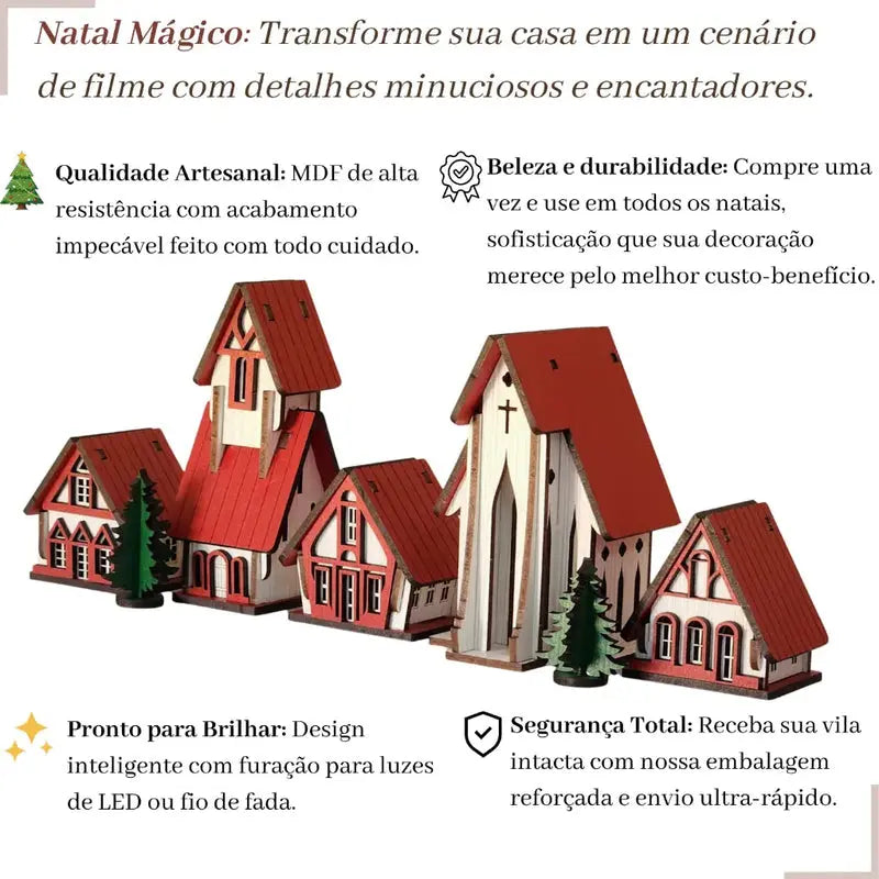 Kit 5 Peças Vila Natalina em MDF Cenário Decorativo de Natal