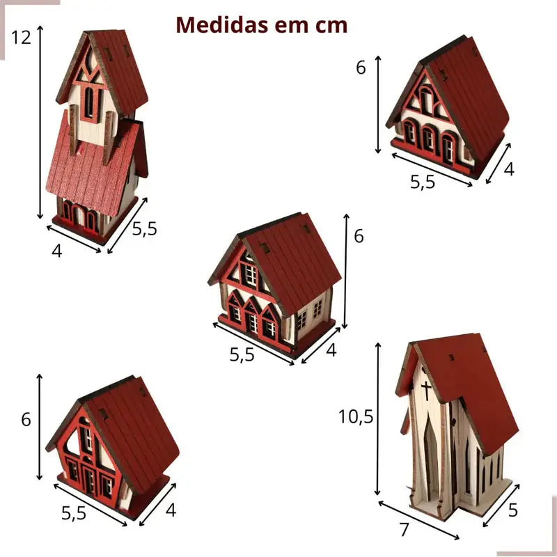 Kit 5 Peças Vila Natalina em MDF Cenário Decorativo de Natal