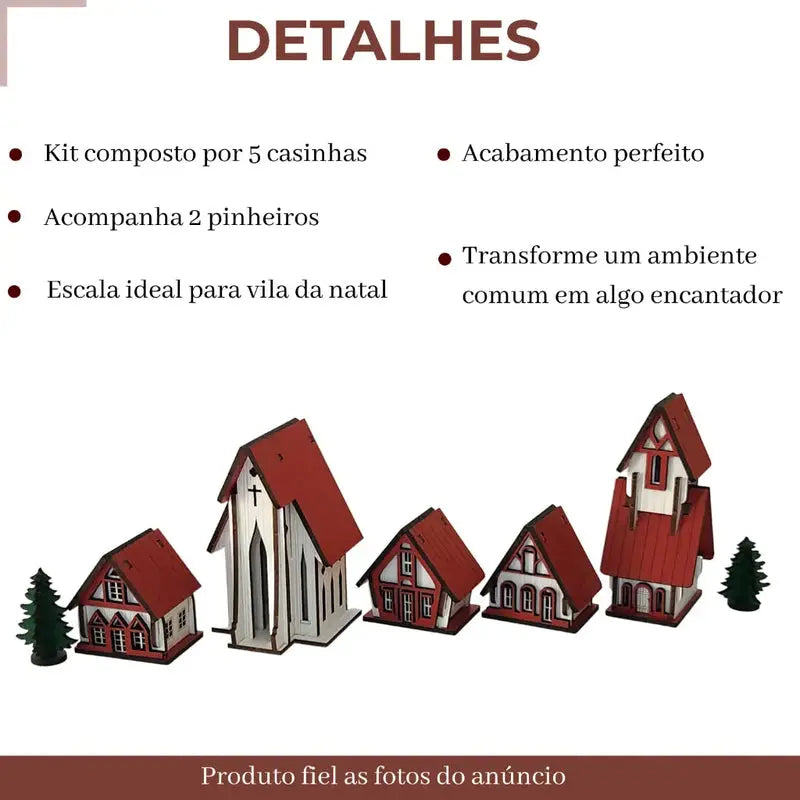Kit 5 Peças Vila Natalina em MDF Cenário Decorativo de Natal