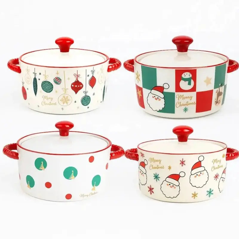 Mini Panela Cerâmica Papai Noel 800ml com Tampa de Vidro para Decoração Mesa Posta Natal