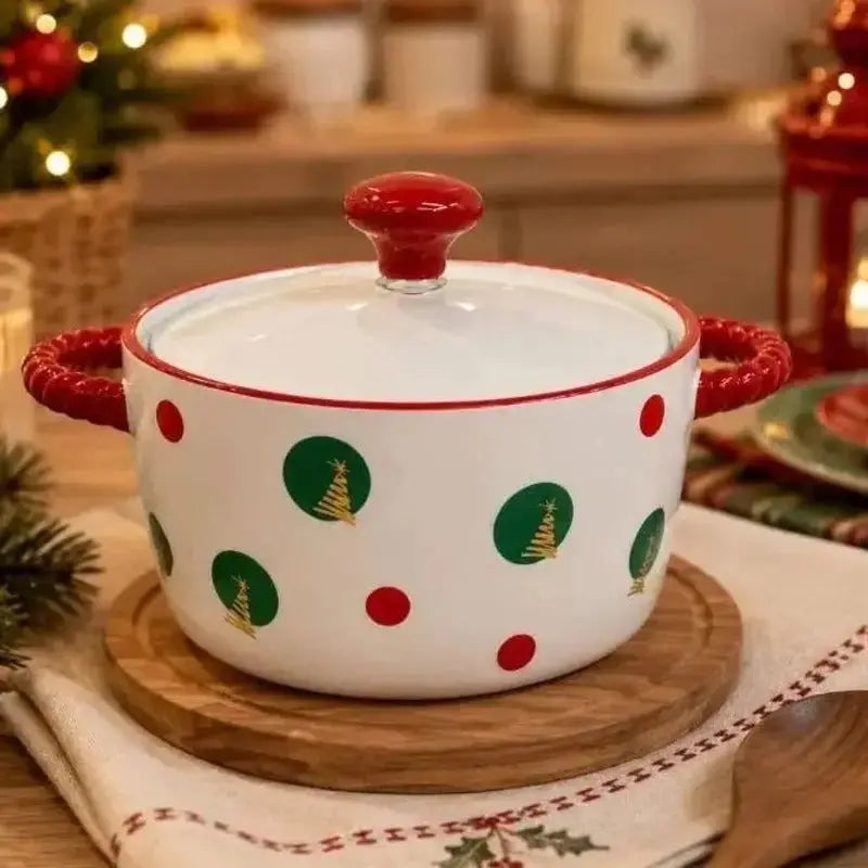 Mini Panela Cerâmica Papai Noel 800ml com Tampa de Vidro para Decoração Mesa Posta Natal