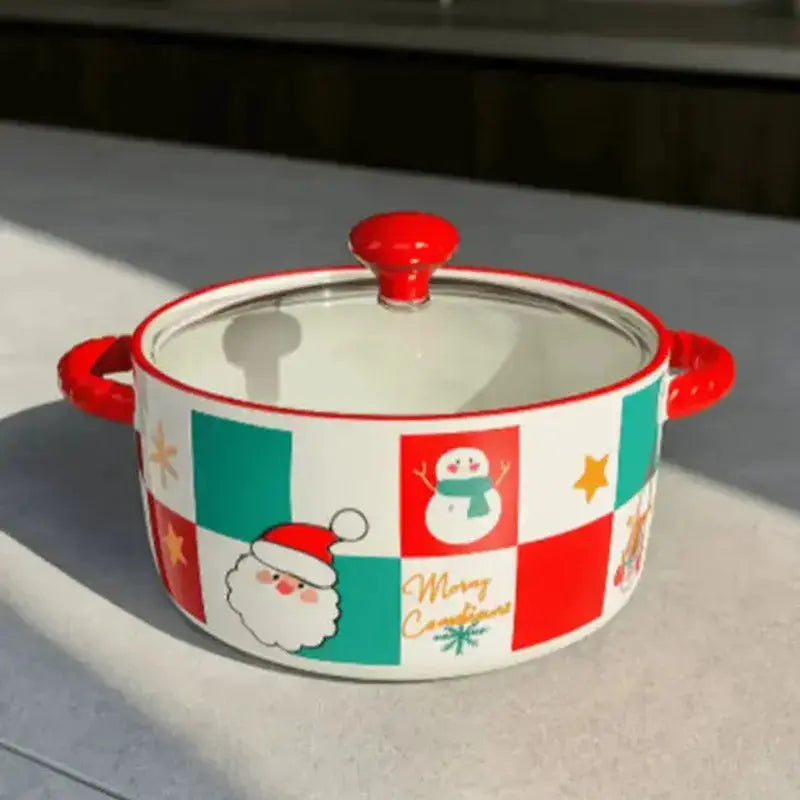 Mini Panela Cerâmica Papai Noel 800ml com Tampa de Vidro para Decoração Mesa Posta Natal