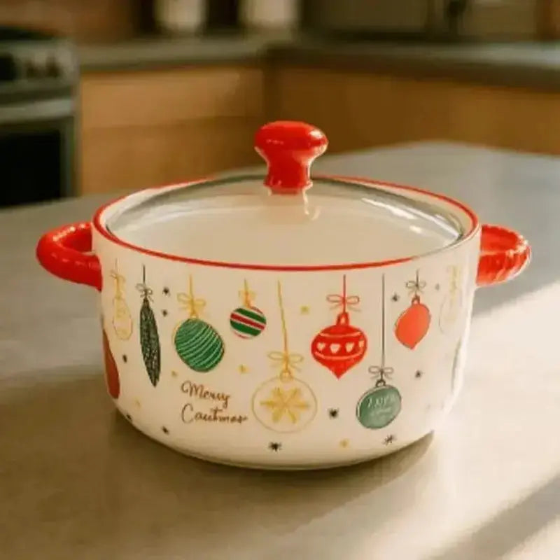 Mini Panela Cerâmica Papai Noel 800ml com Tampa de Vidro para Decoração Mesa Posta Natal