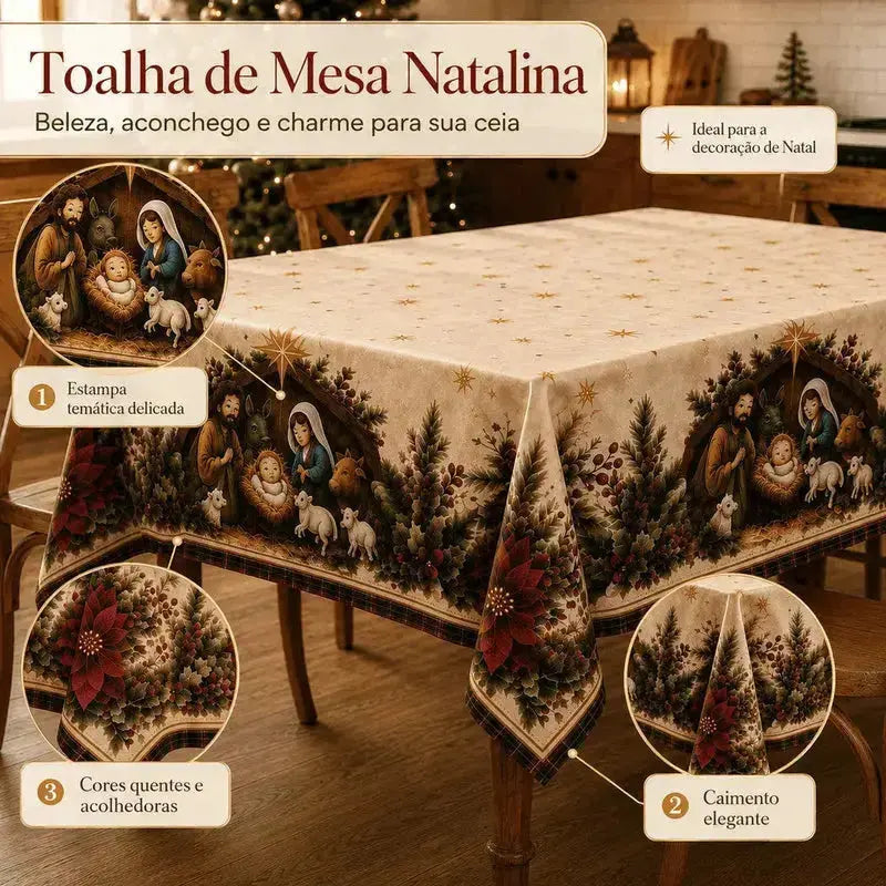 Toalha de Mesa 6 Lugares Natalina em Oxford para 4, 6 e 8 Lugares