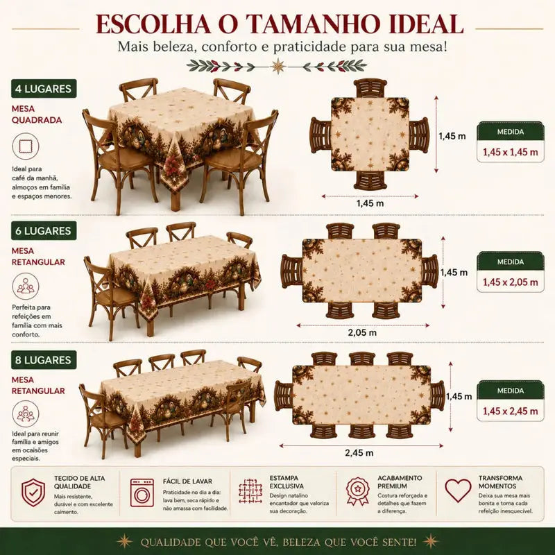 Toalha de Mesa 6 Lugares Natalina em Oxford para 4, 6 e 8 Lugares
