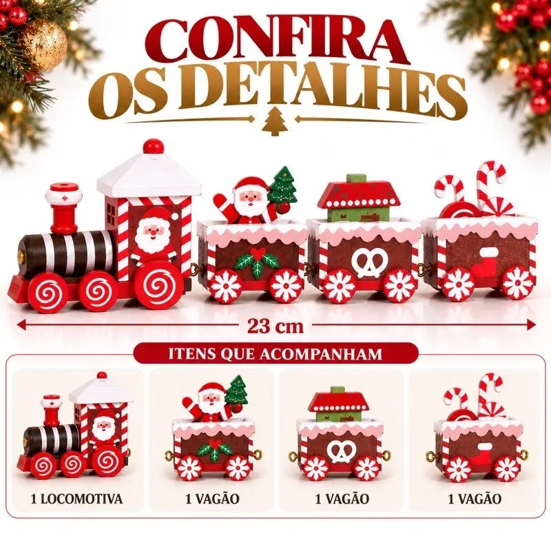 Enfeite de Natal Madeira: Trem Decorativo com 3 Vagões